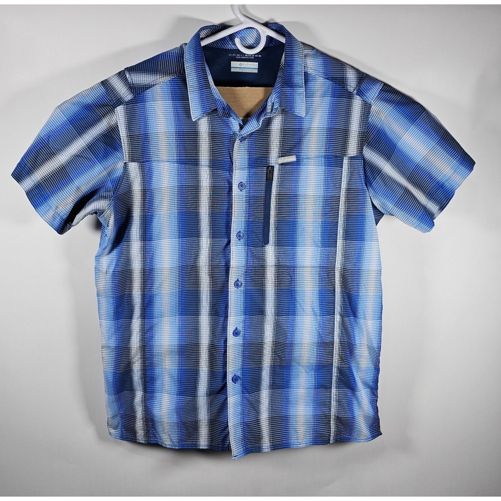 Columbia Omni-Shade Men's Size‎ Large Blue Plaid Short Sleeve Button-Front Shirt